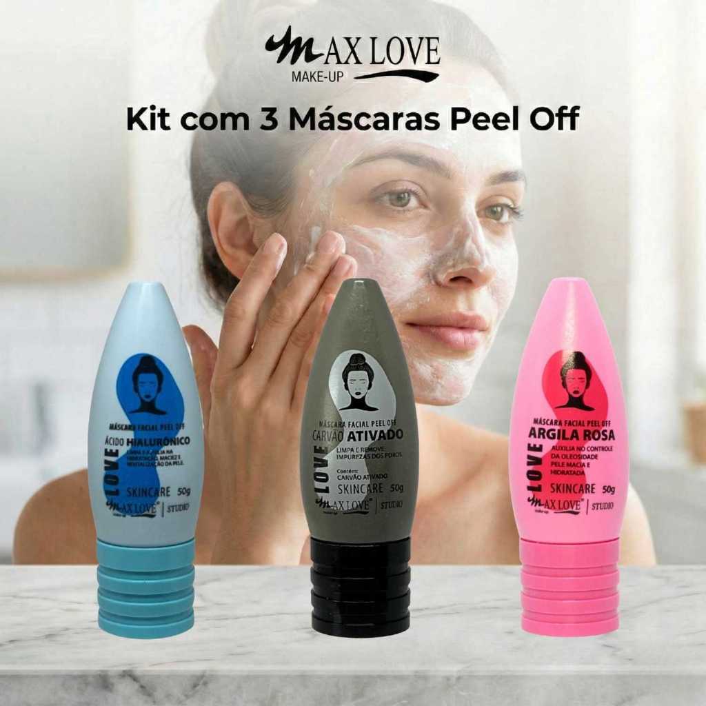 Kit com 3 Máscaras Peel Off - Ácido Hialurônico, Carvão Ativado, Argila Rosa Max Love