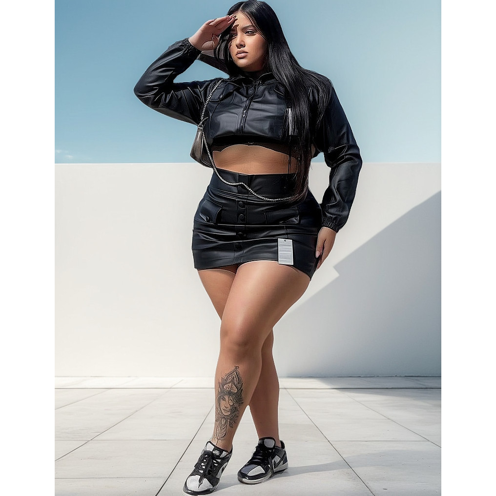 Conj Couro Plus Size Shorts Saia Couro Jaqueta Couro Cropped