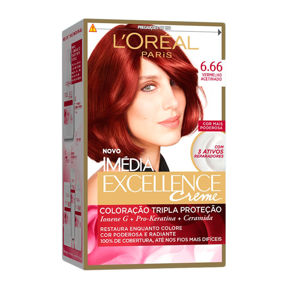 Tintura Creme Imédia Excellence L'oréal Vermelho Acetinado 6.66 Kit em Oferta na Shopee
