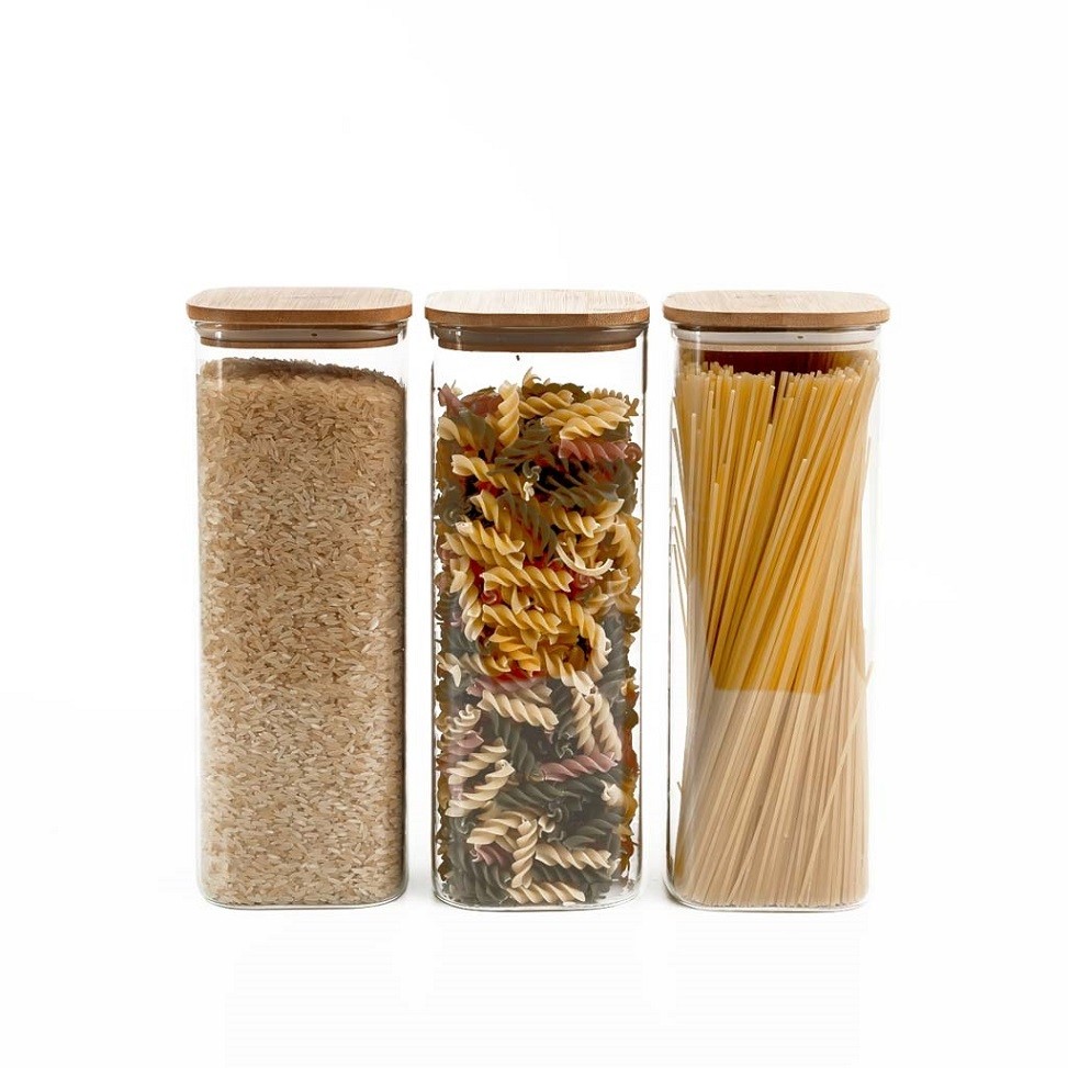 Kit de Pote Hermético de Vidro Quadrado com Tampa de Bambu 3 Peças - Oikos em Oferta na Shopee