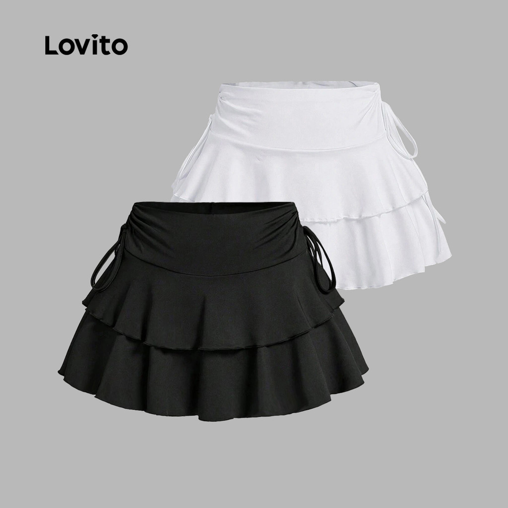 Lovito Casual Saia Feminina Lisa Com Cadarço E Bainha Com Babados Camadas E Babados De Verão/primavera Bordado L133AD424