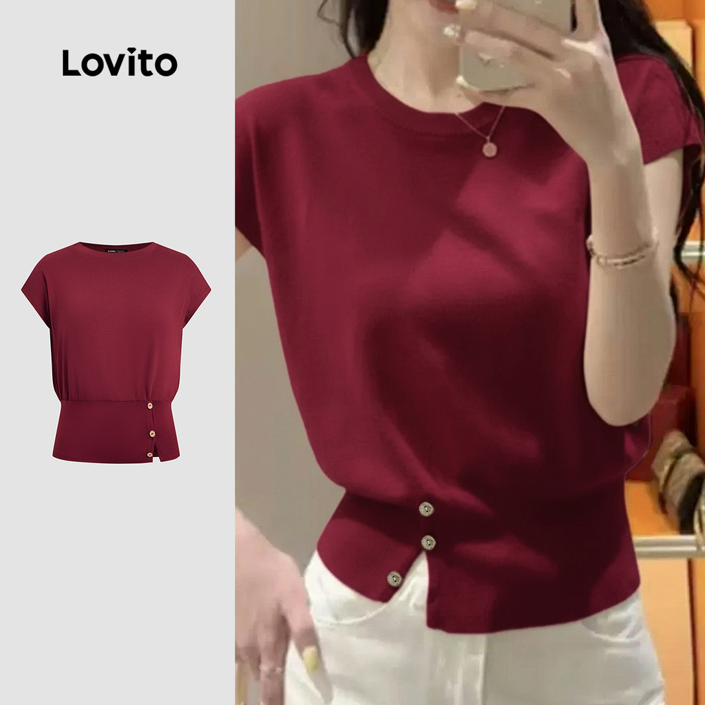 Lovito Camiseta Casual Simples Primavera/verão Damasco para Mulheres LK2ED1059 em Oferta na Shopee