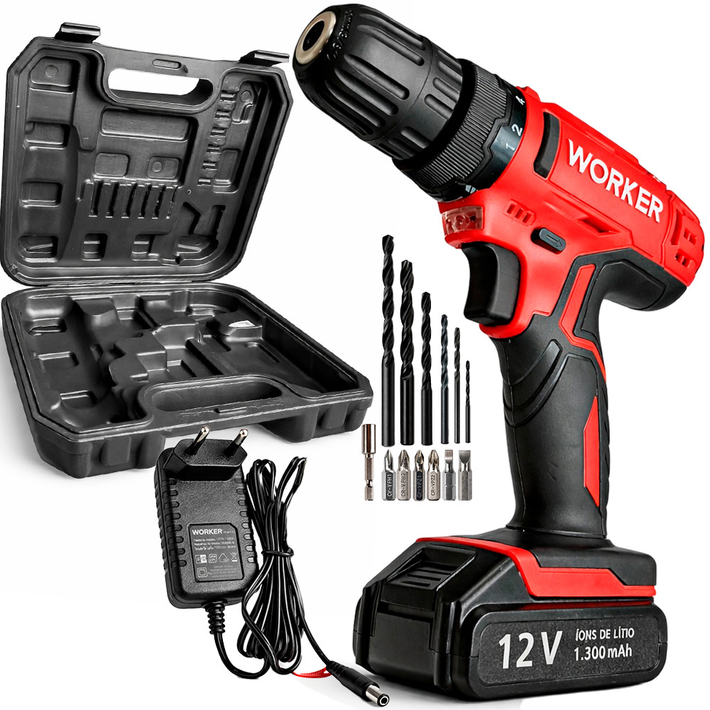 Parafusadeira Furadeira a Bateria 12V Bivolt PFW120 Com Maleta e 13 Acessórios Worker