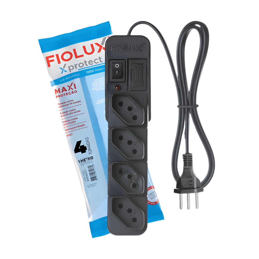 Filtro De Linha Régua 4 Tomadas Preto 1mt. Fiolux Protect Preto 127/220v