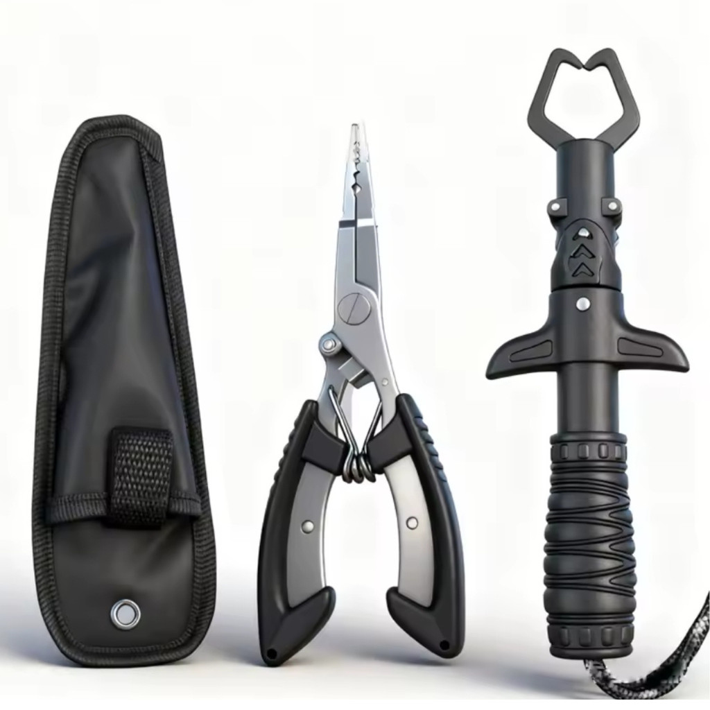 Kit Alicade De Pesca Tirar Anzol Argola + Alicate Contenção Pega Peixe Inox Multifuncional 3Pçs