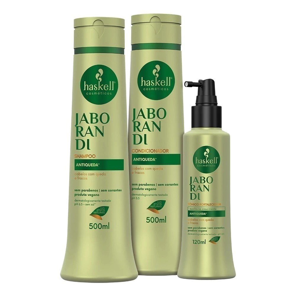 Kit  Jaborandi Antiqueda Haskell (3 itens) | Shampoo e Condicionador 500ml + Tônico Fortalecedor 120ml Tratamento Queda