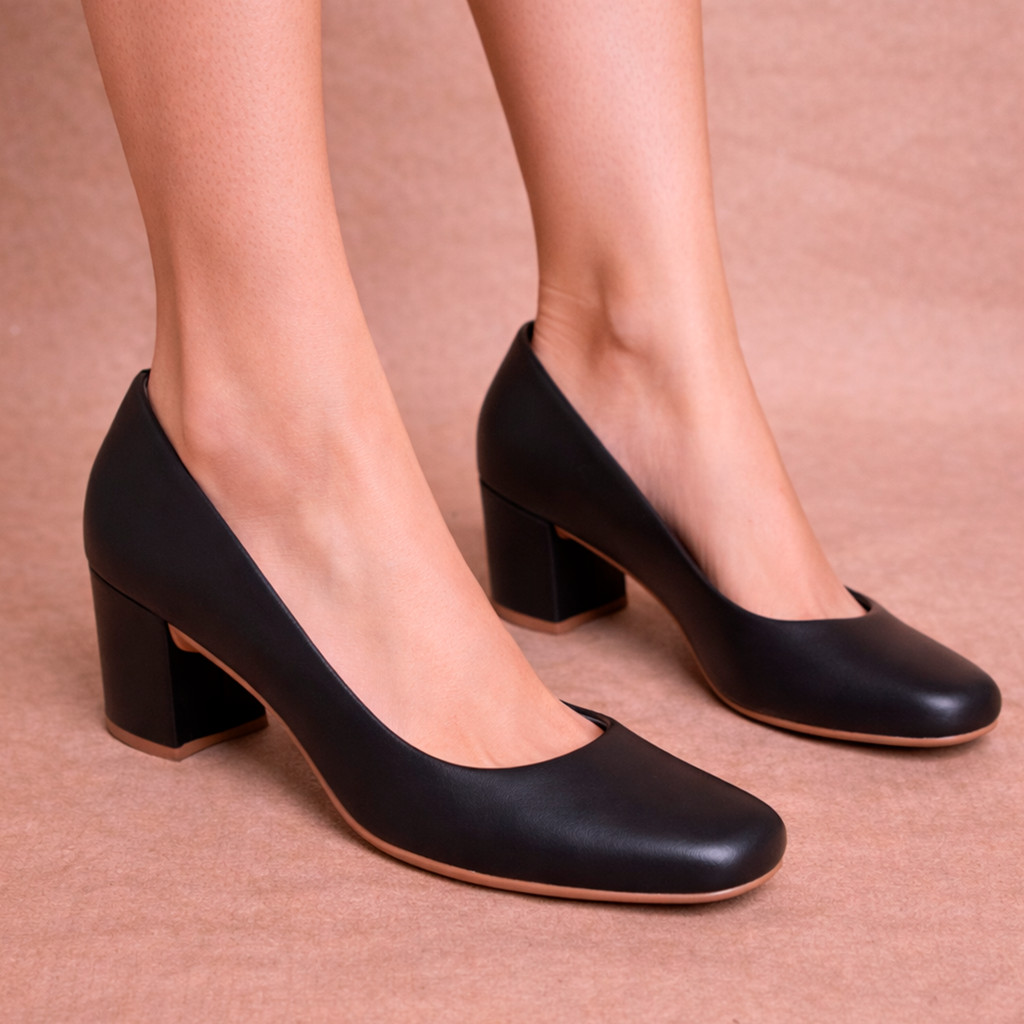 Scarpin Feminino Salto Bloco Baixo Médio 5cm Confortável Bico Quadrado Metalizado Liso e com Textura