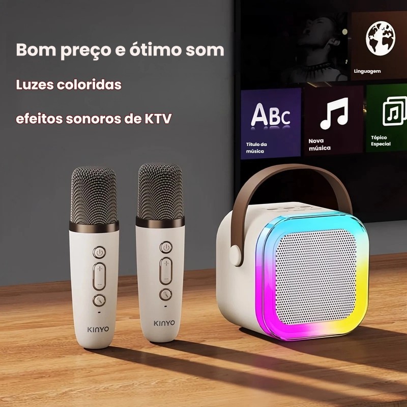 Karaokê Portátil Bluetooth com Duplo Microfone Sem Fio e Caixa de Som LED