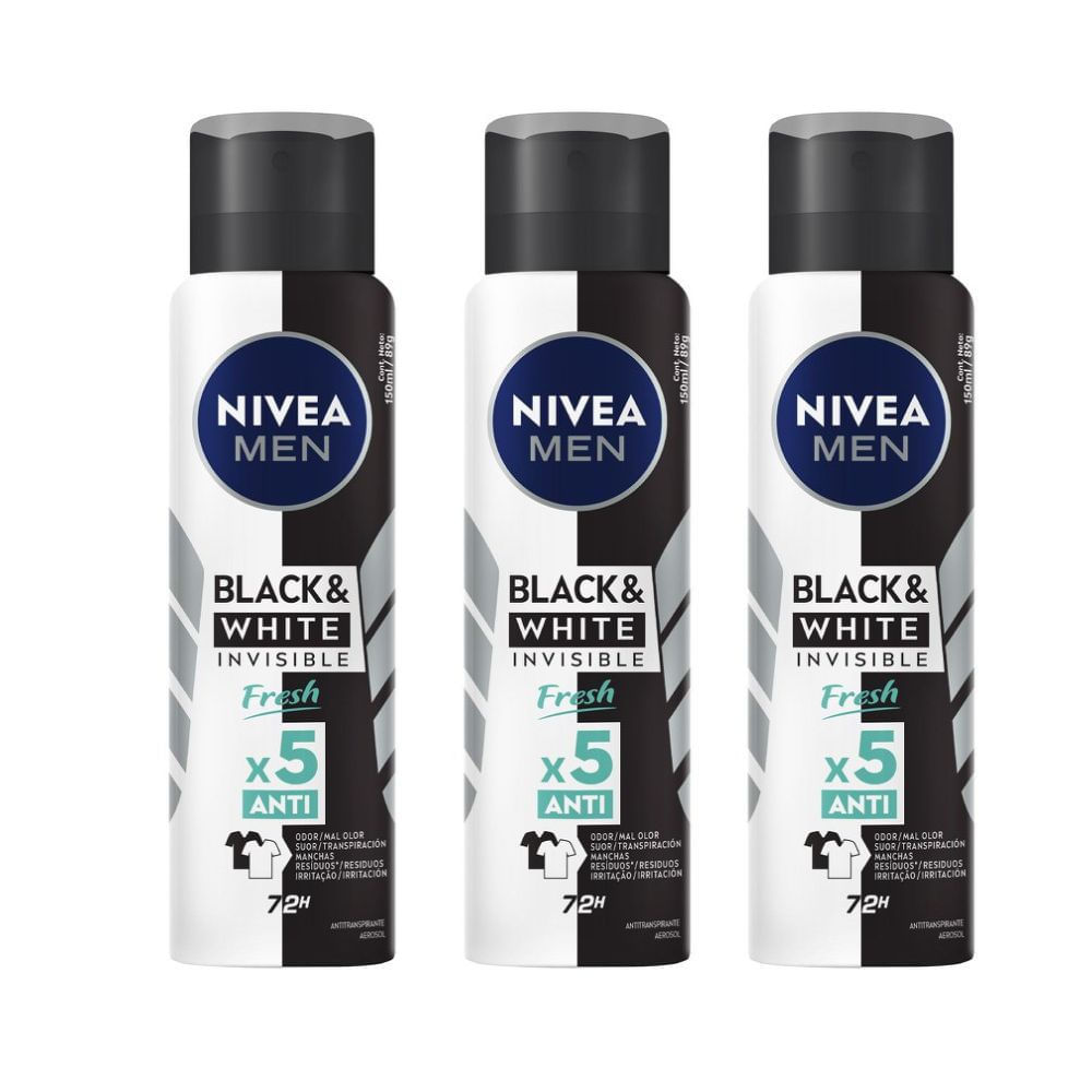 Kit 3 Desodorante Antitranspirante Aerosol Nivea Men Invisible Black & White Fresh 150ml