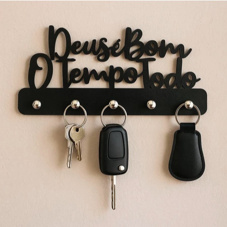 Porta Chaves Decorativo MDF 5 Ganchos Frase Religiosa Deus É Bom O Tempo Todo