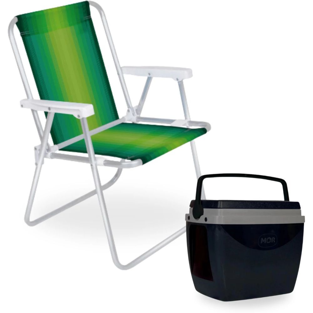 Kit Cadeira Praia Alumínio Colorida Dobrável + Caixa Térmica Cooler 18l Preta