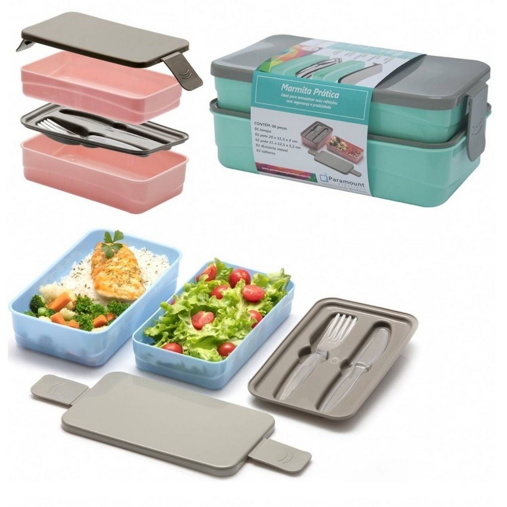 Marmita Dupla Prática Trava 11x8x4,5cm Com Colher Paramount - Fechamento Seguro