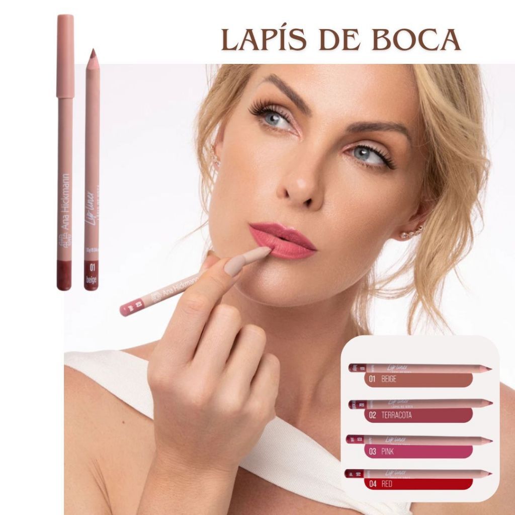 Ana Hickmann Lápis de Boca Labial Contorno dos Lábios Macio Fácil de Esfumar 4 Cores Vegano