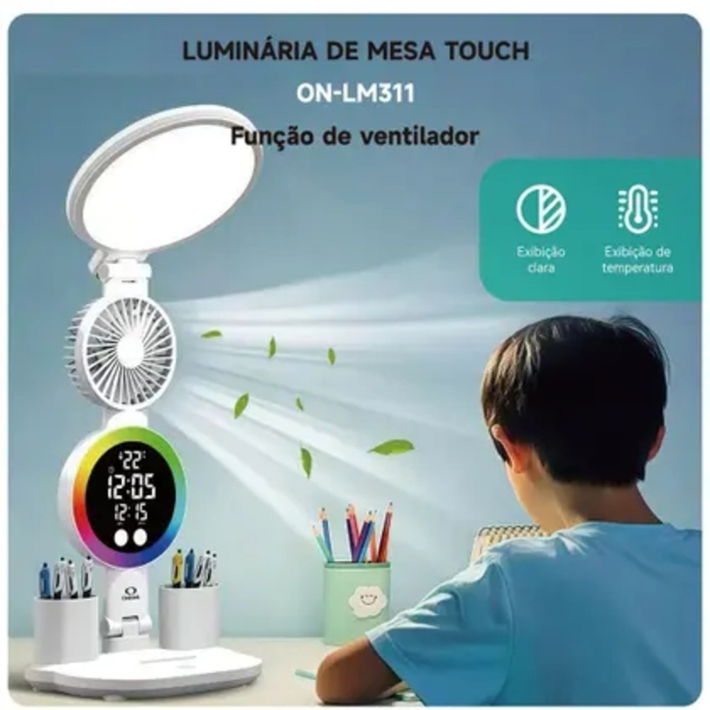 Luminária de Mesa Multifuncional LED 7W Touch 40 Leds com Relógio e Ventilador Branco ON-LM311 em Oferta na Shopee