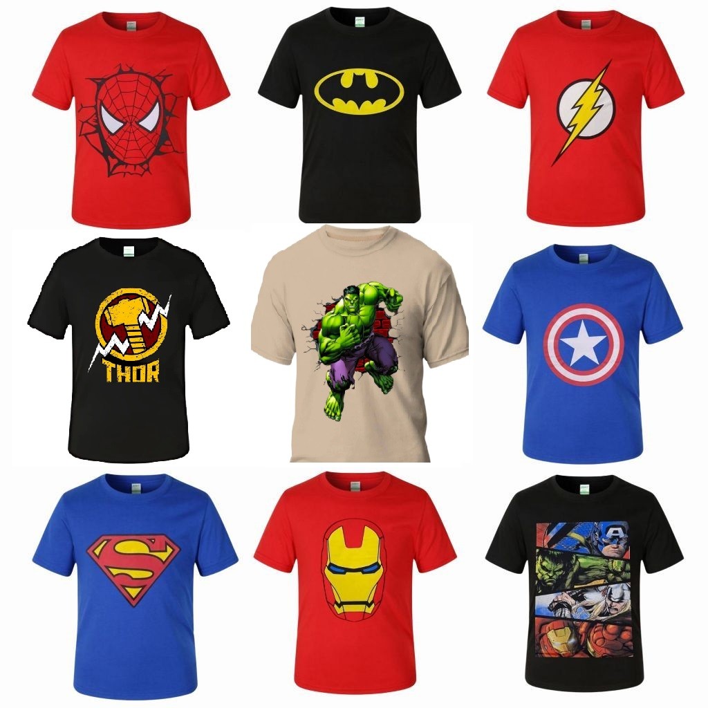 Camiseta Camisa Infantil Adulto Super Heróis Personagens Vingadores Hulk Homem Aranha Batman Flash Fantasia Festa Menino
