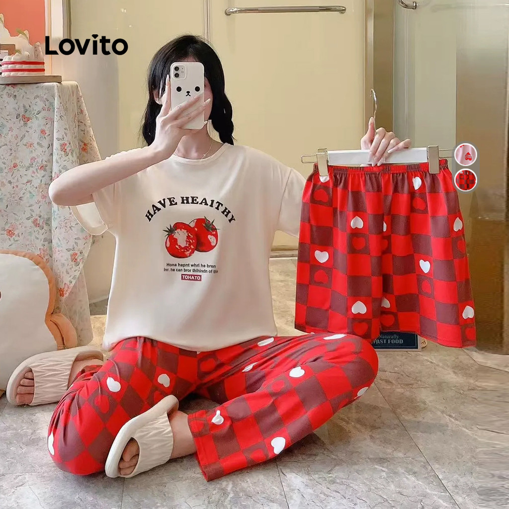 Lovito Conjunto De Pijama Casual De 3 Peças Dia a Dia Composto Por Blusa Calça E Shorts Para Mulheres LNE134047 em Oferta na Shopee