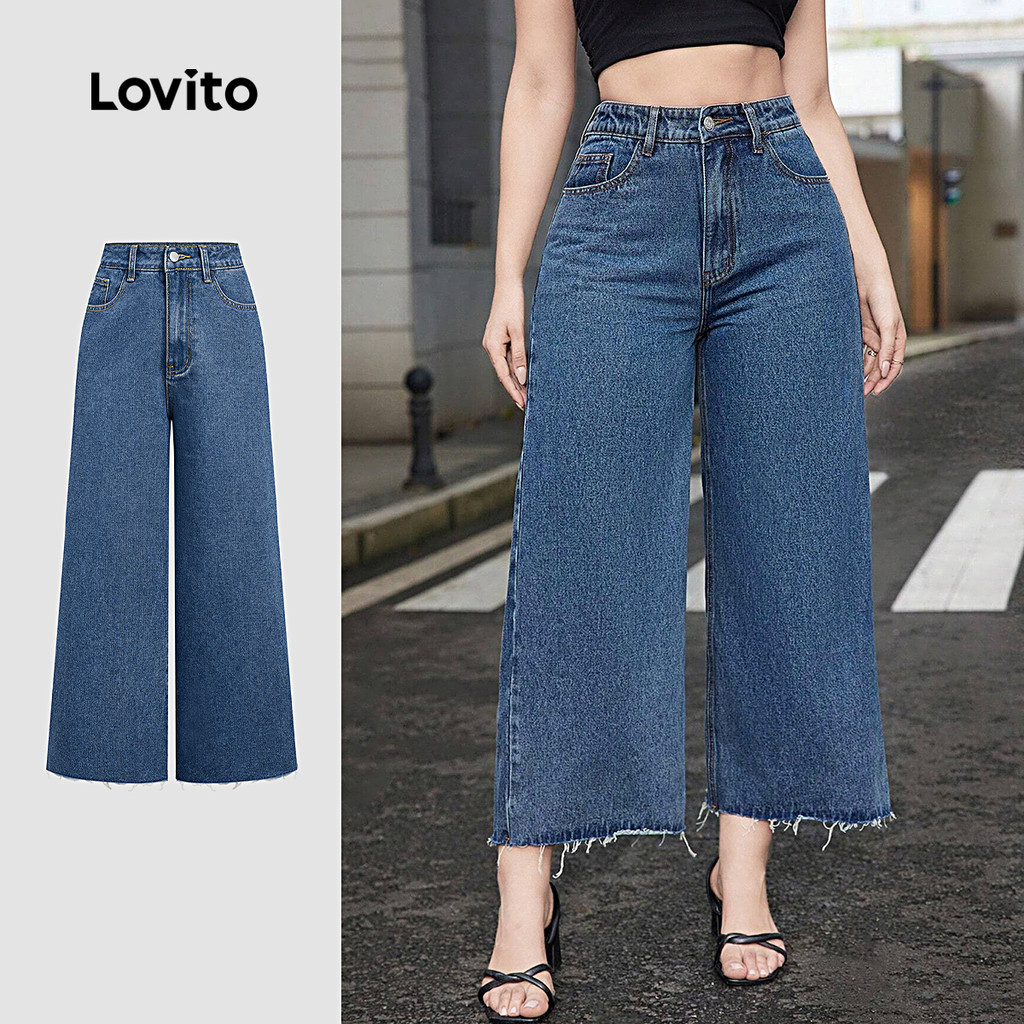 Lovito Casual Jeans Lavados Com Zíper Botão Primavera/Verão Soltinho Jeans Azul Para Mulheres L177ED250