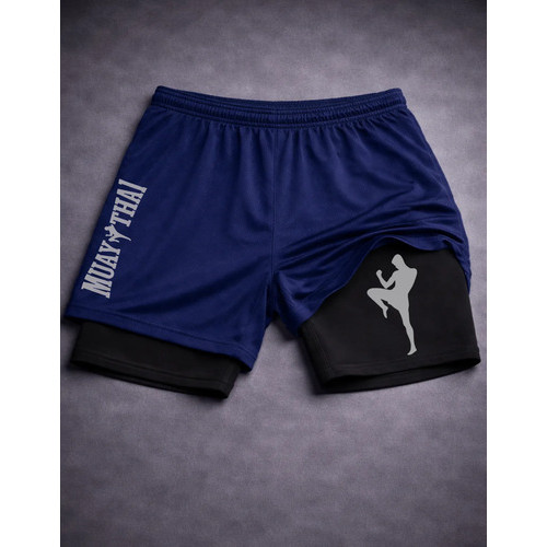 Short 2 Em 1 Muay Thai Short 2 em 1 Muay Thai Masculino com Proteção UV e Compressão Bermuda para Academia e Corrida