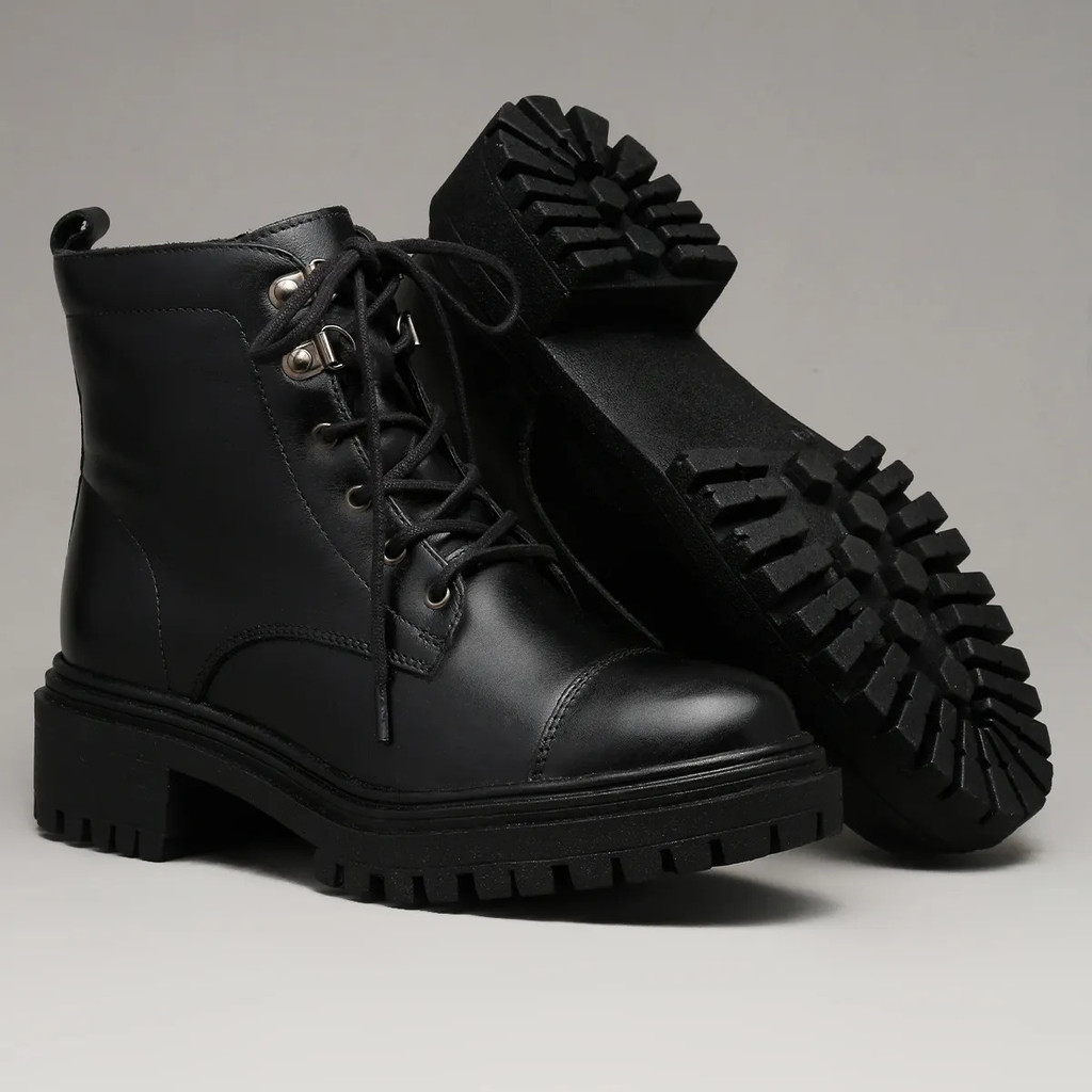 Bota Coturno Feminina Couro Legítimo Salto Bloco 5cm Zíper Lateral Tratorada Confortável Inverno Blogueira