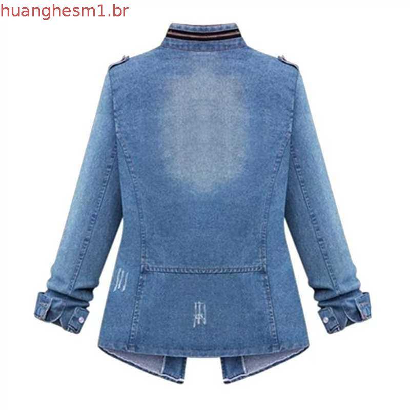 5XL Plus Size Feminino Manga Longa Jaqueta Jeans Primavera E Outono Casual Sólido Fino Bolso Casaco