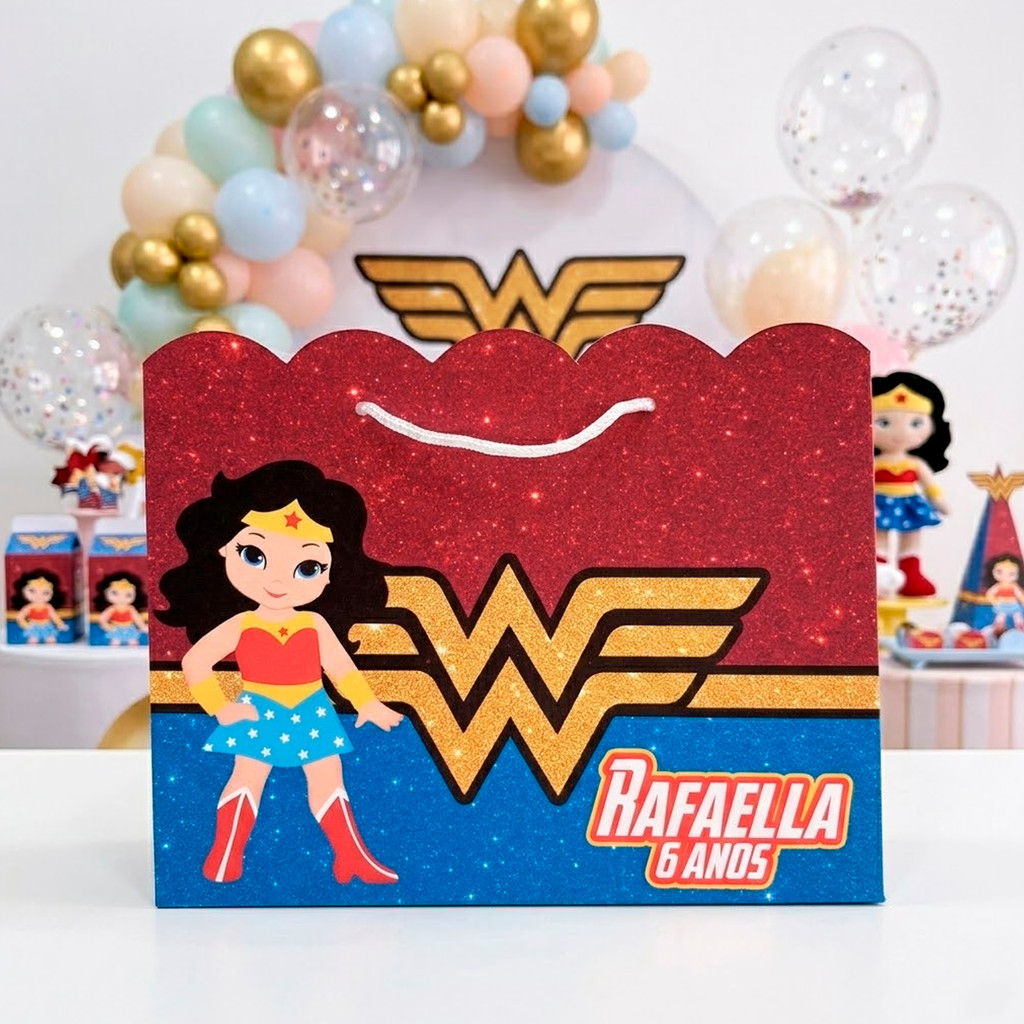 Sacolinha Grande Mulher Maravilha - Personalizada Festa Aniversário Infantil - Lembrancinha