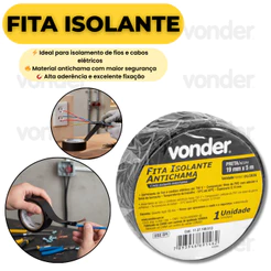 Fita Isolante Preta Vonder 19mm x 5m Antichama Alta Aderência Uso Elétrico Profissional Seguro