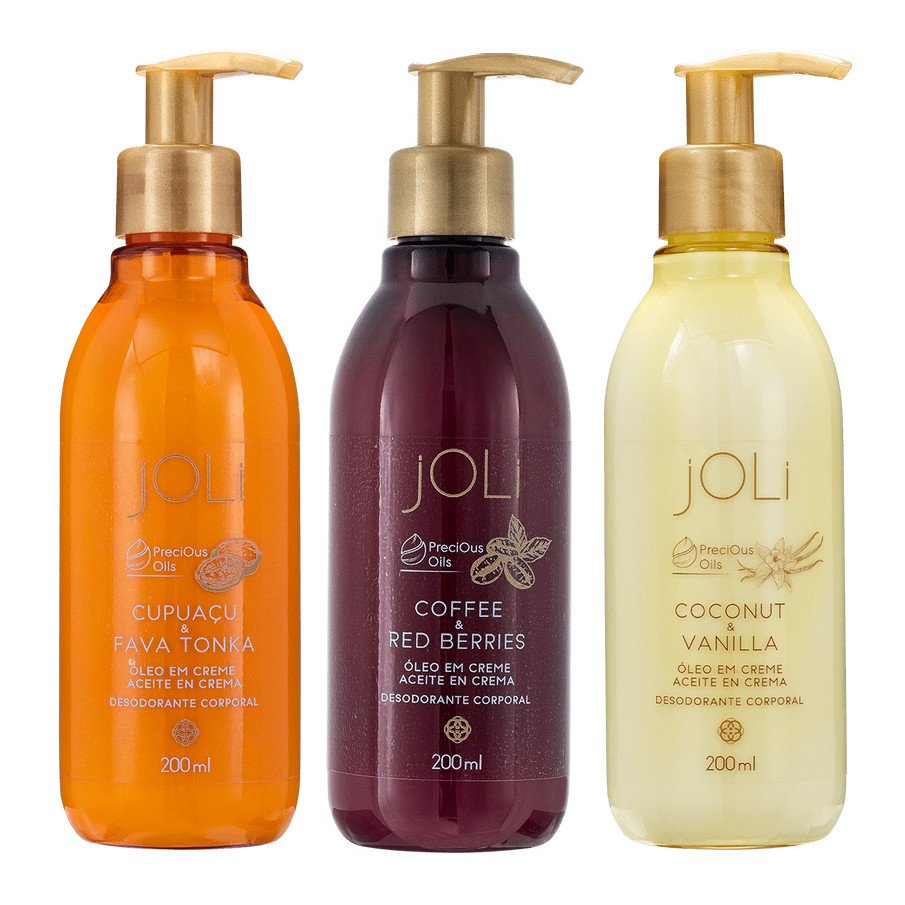 3 POTES DE JOLI HIDRATANTE CORPORAL CUPUAÇU E FAVA TONKA, VANILLA E COCO, CAFÉ E FRUTAS VERMELHAS, AMBOS 200ML