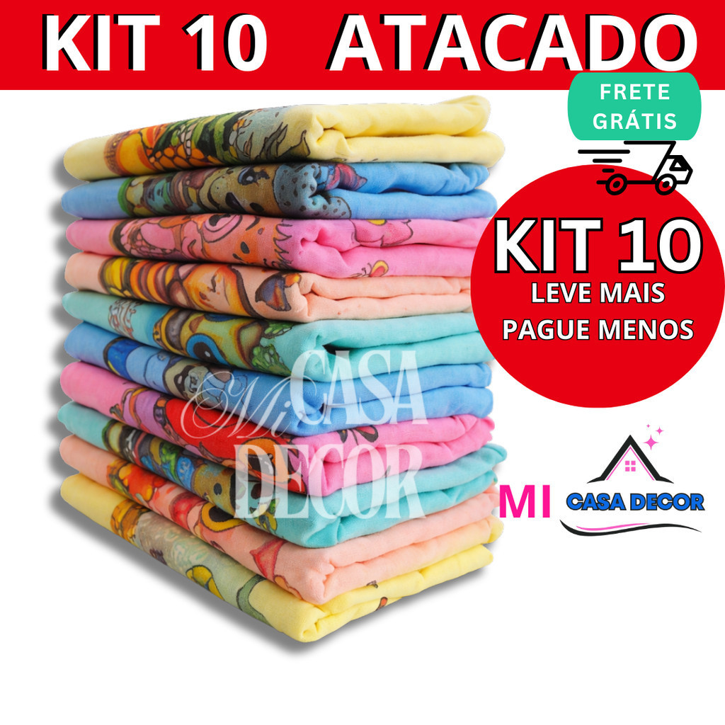 Kit Pano De Prato Estampado 100% algodão Colorido | Toalha de Pia com Bainha | Kit 5 ou 10 Unidades