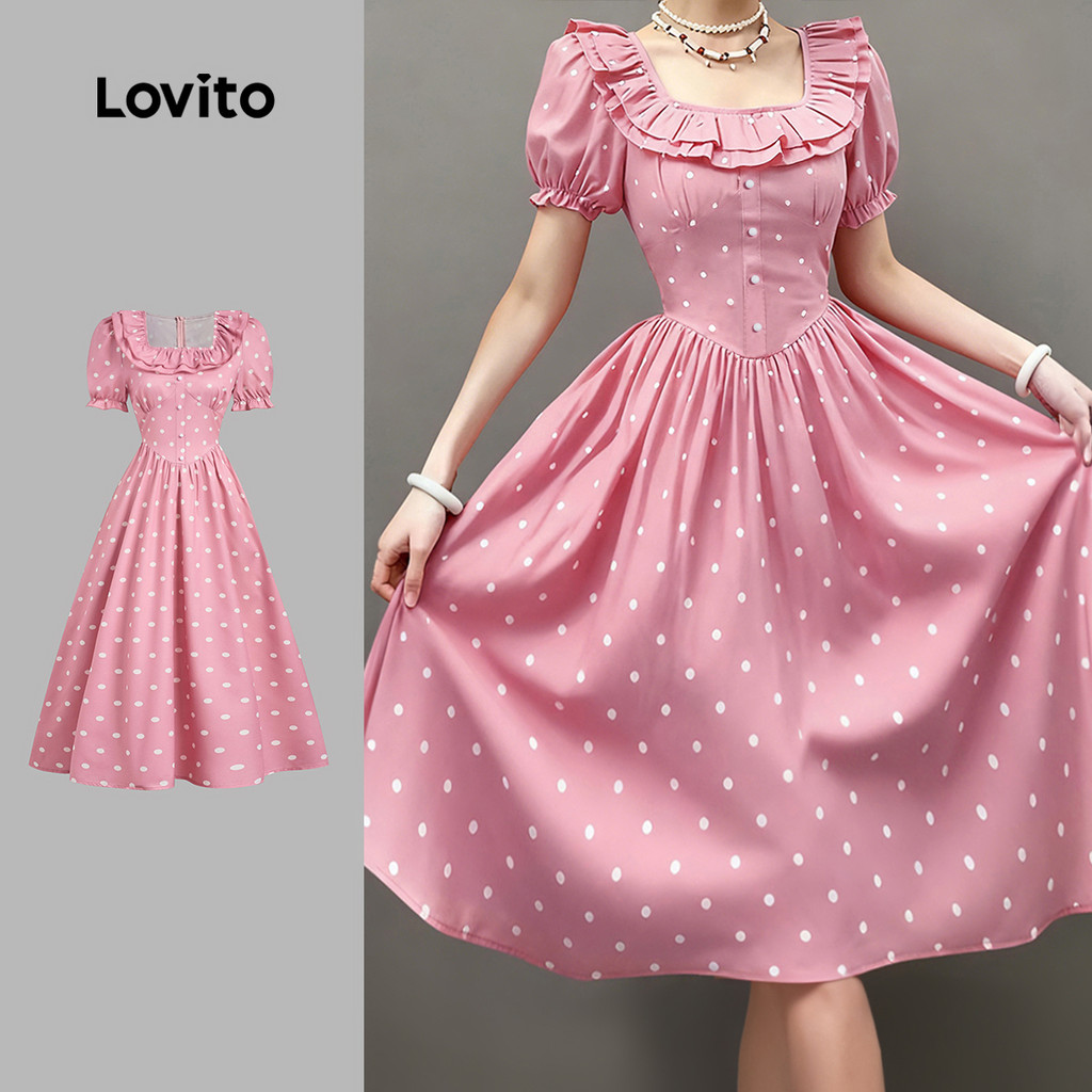 Lovito  Vestido Casual Babados Bolinhas Primavera/verão Rosa para Mulheres L172ED704 em Oferta na Shopee