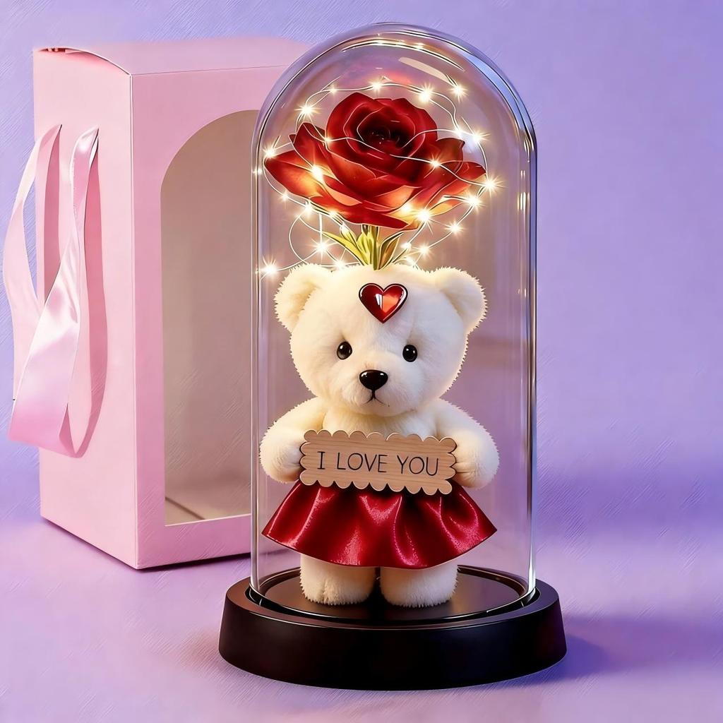 Rosa Encantada com Luz LED - Flor Eterna Decorativa em Cúpula de Acrílico Presente de aniversário para namorado