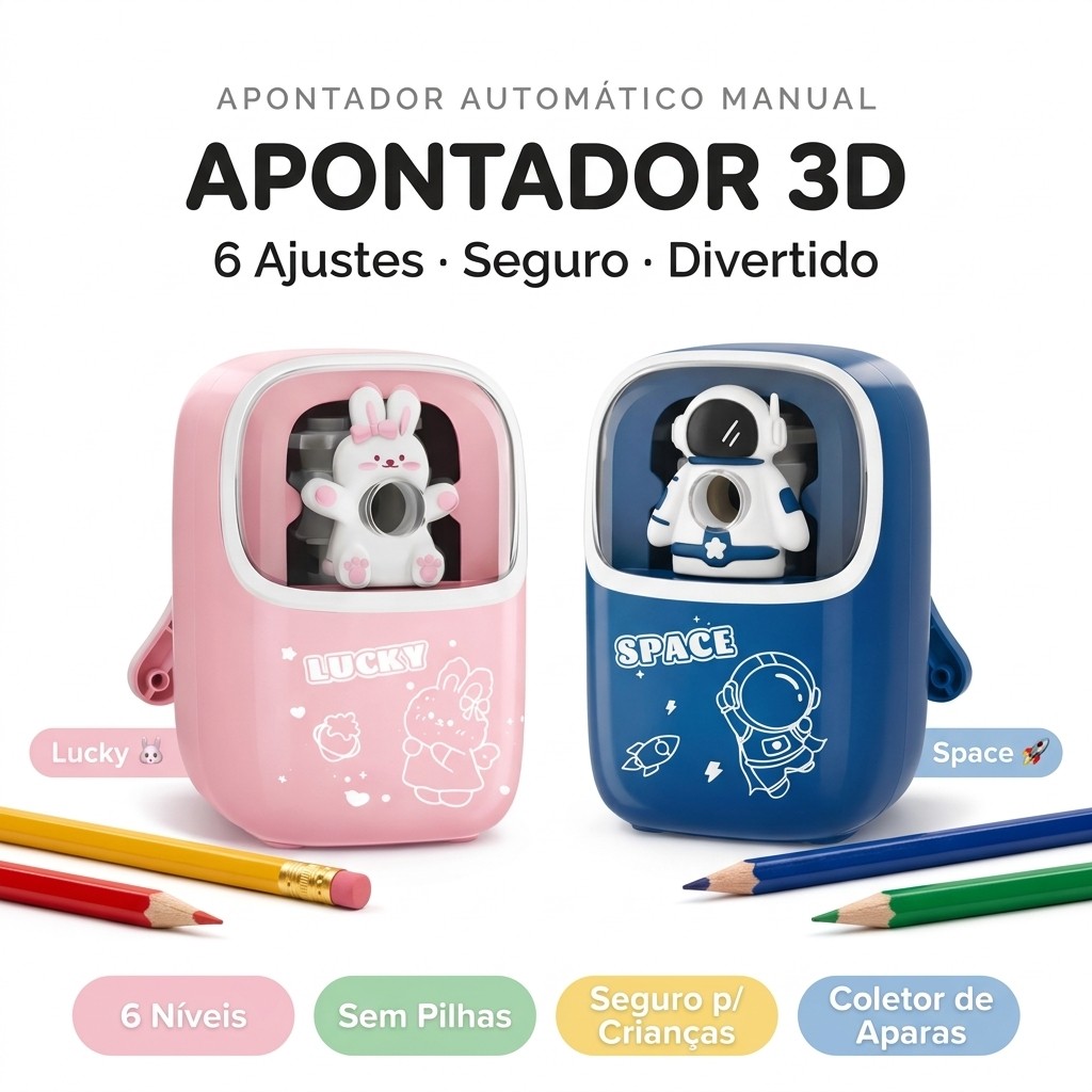 Apontador Manual 3D Infantil 6 Ajustes Coletor Aparas Coelho Astronauta Escola