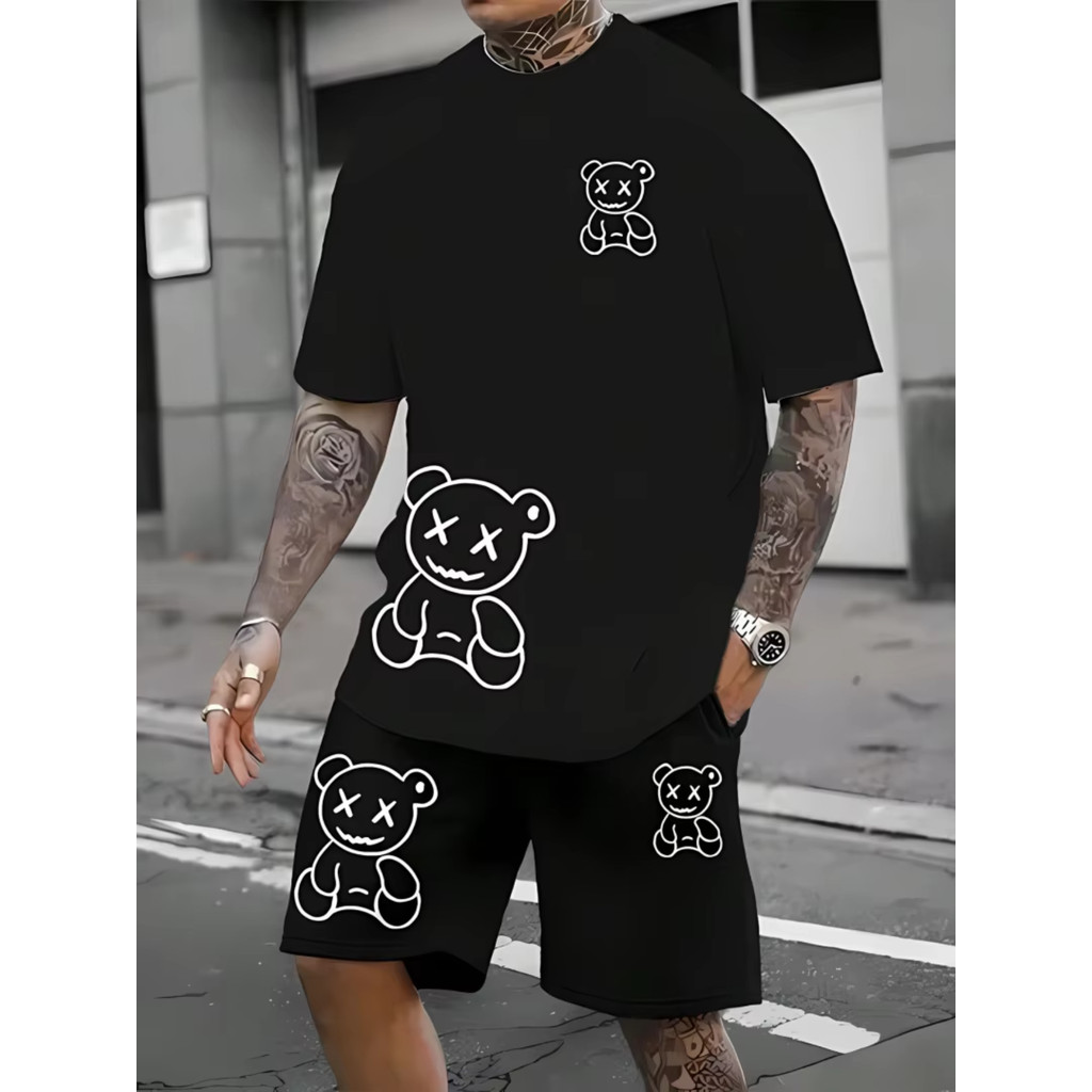 Conjunto Streetwear Urso Sorriso Smile Camiseta Preta 100% Algodão + Short Mauricinho Preto Tactel