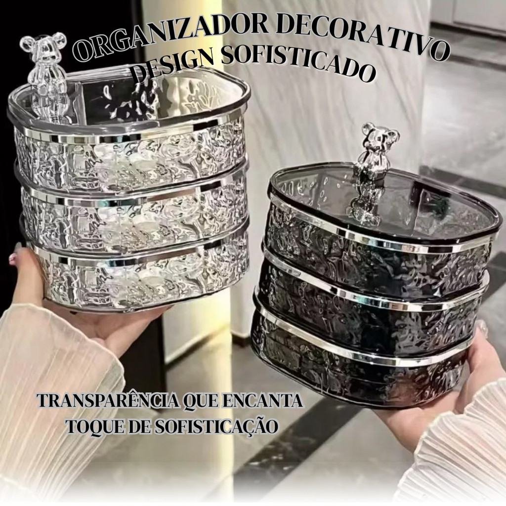 Porta-joias organizador giratório 3 andares com divisórias – Transparente ou cinza (fumê) 360°