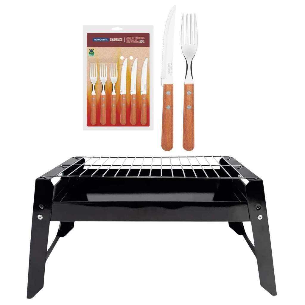 Kit Churrasqueira Portátil + Jogos de Talheres para Churrasco 12 Peças Verão Praia Piscina