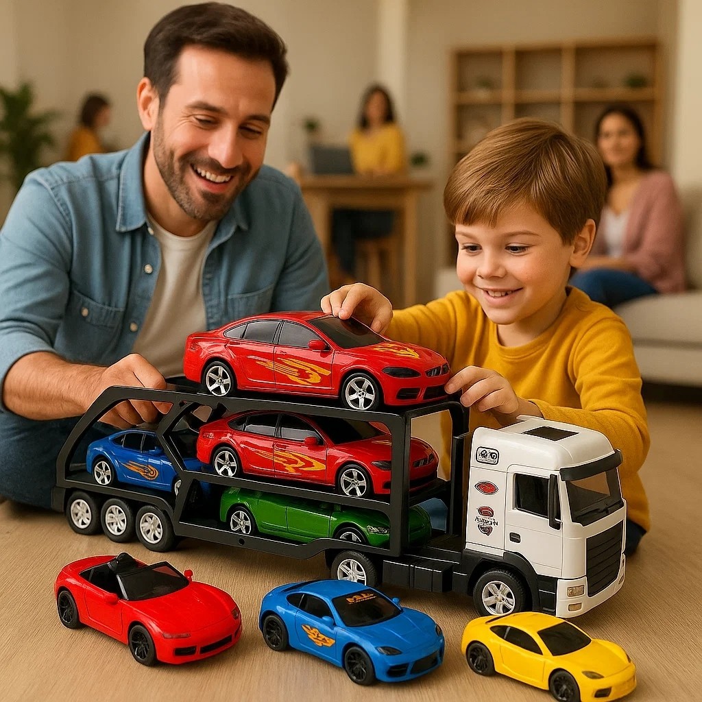Caminhão Cegonha 2 Andares Acompanha 3 Carrinhos Infantil Reboque Caminhão Articulado Carrinho Brinquedo
