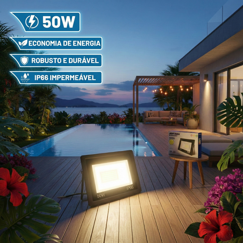 Refletor LED 50W Holofote Bivolt IP66 À Prova D'água Branco Frio SMD Para Jardim Corredor Externo Econômico