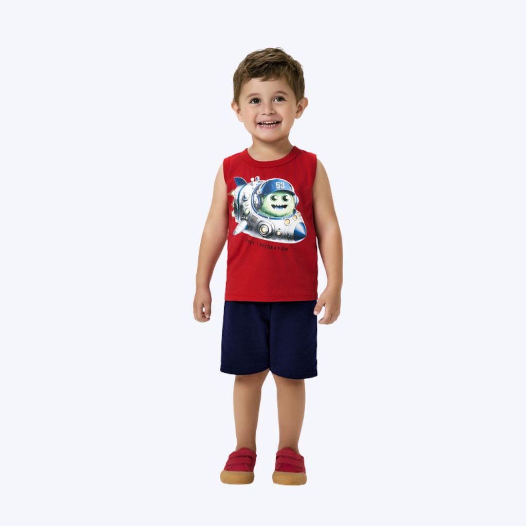 Conjunto Camiseta Regata E Bermuda Moletom Bebê Menino Kyly P1001057 Vermelho