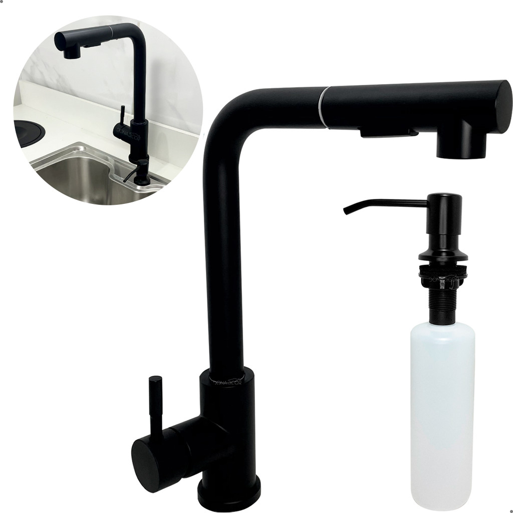 Torneira Gourmet Preta E Dispenser De Detergente 500ml De Embutir Kit Cozinha Inox Lavanderia Ilha