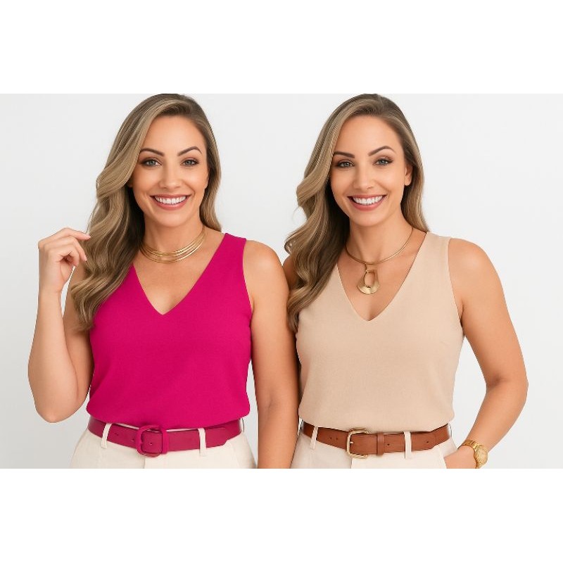 Kit 2 Blusas Regata Social Feminina Tecido Duna – Gola V com Alça Larga em Oferta na Shopee