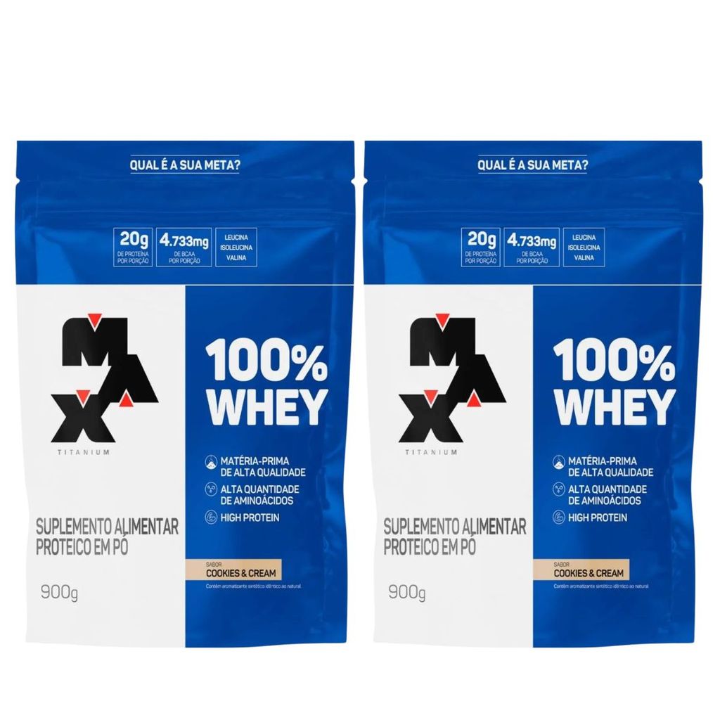 Kit 2 Whey Protein 100% Concentrado Cookies & Cream Refil 21g de Proteína 900g Max Titanium