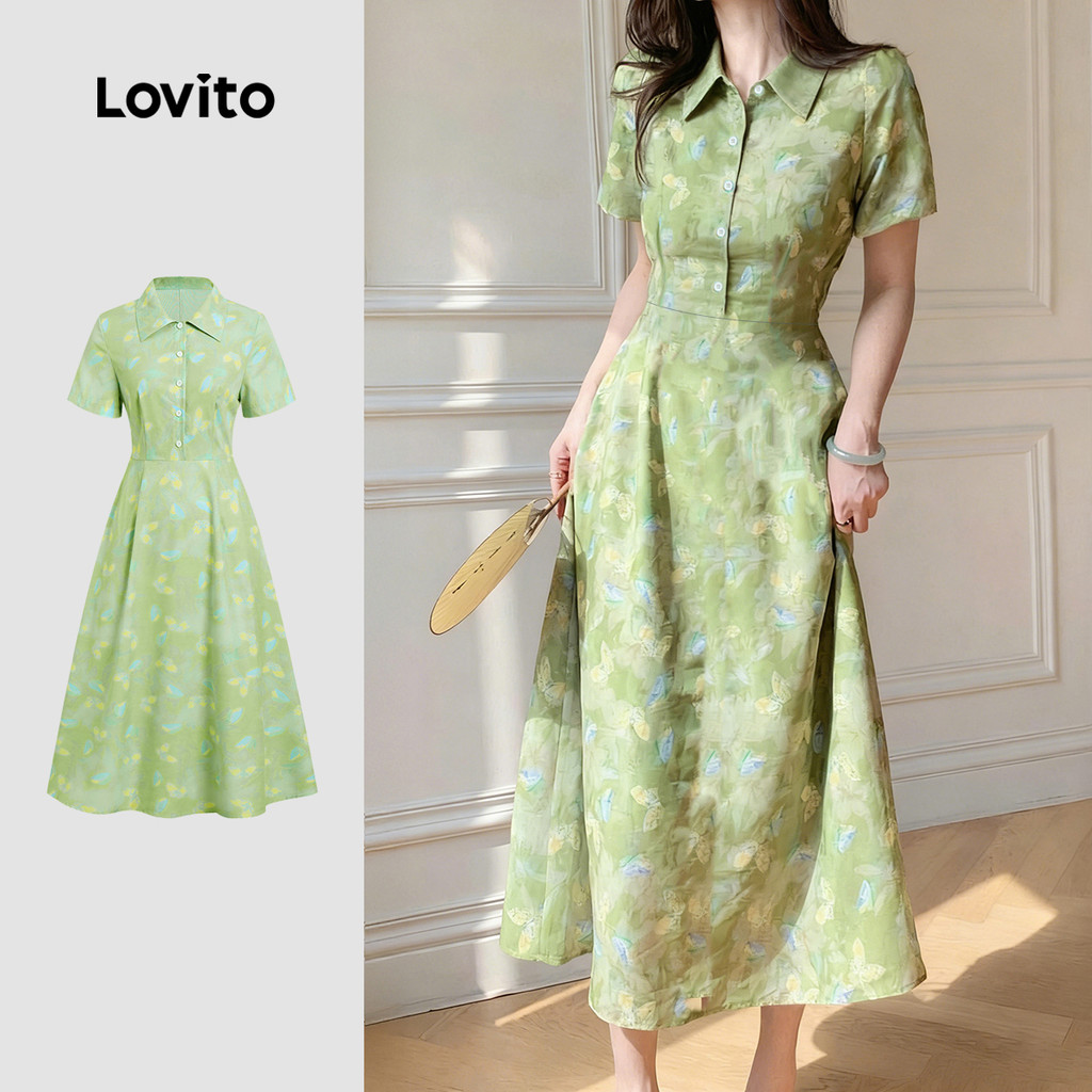 Lovito  Vestido Verde Primavera/verão com Zíper e Botão Frontal para mulheres L172LD1180