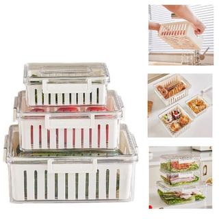 KIT 3 POTES HERMETICOS ORGANIZADOR GELADEIRA FRESH BOX COM CESTA ESCORREDOR REMOVIVEL ACRILICO MARMITA FRUTAS LEGUMES AL