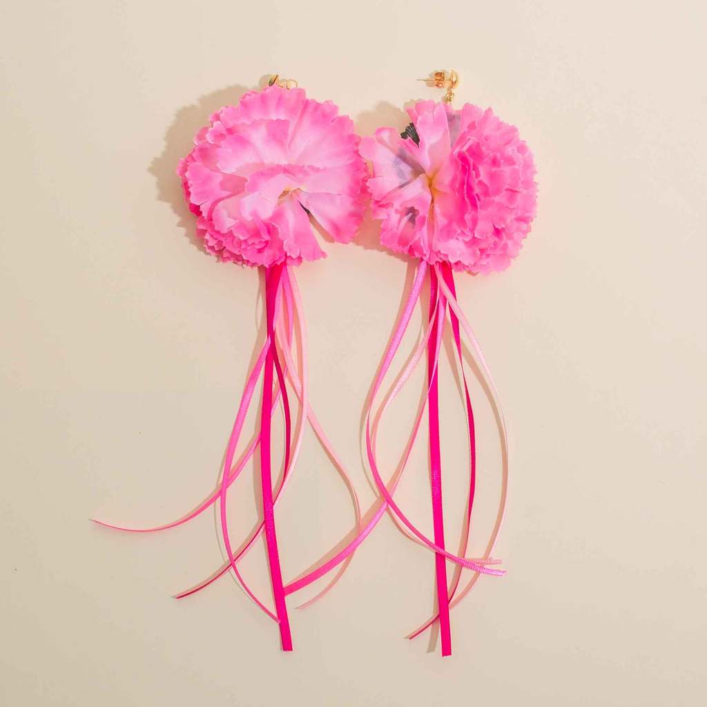 Acessório De Carnaval Brinco Pêndulo Flor Rosa Com Fitas  -