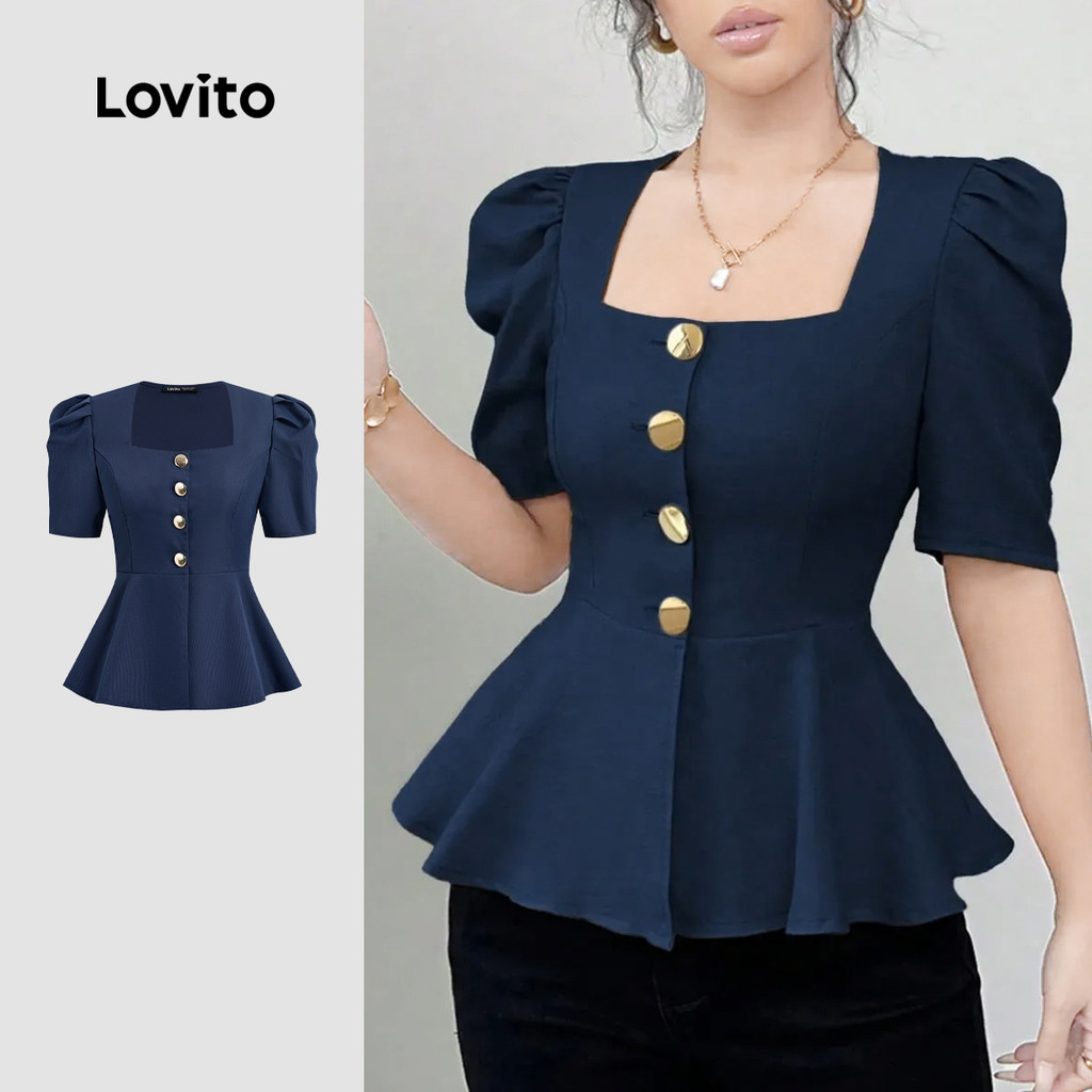 Lovito  Blusa Elegante com Babados e Bainha Simples para Primavera/verão Na Cor Azul-marinho para Mulheres L172ED466 em Oferta na Shopee