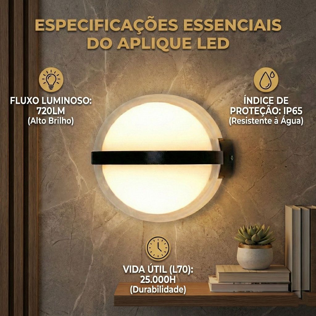 Arandela Moderna Redonda LED 12W Preta IP65 Luz Quente 3000K Para Muro Fachada Varanda Bivolt
