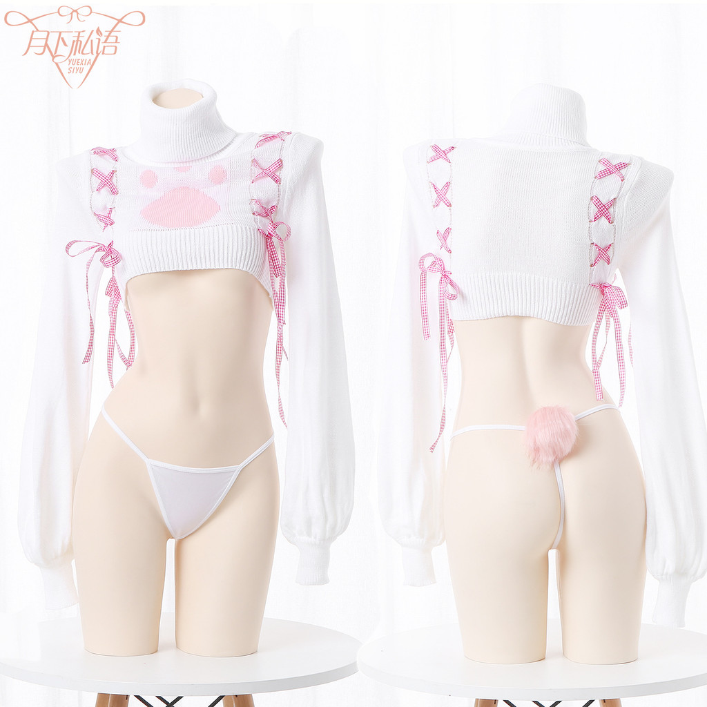 Lingerie Sexy Suéter de Manga Longa que Exibe o Peito Uniforme Puro Desejo Conjunto de Pijama de Duas Peças com Laço e R