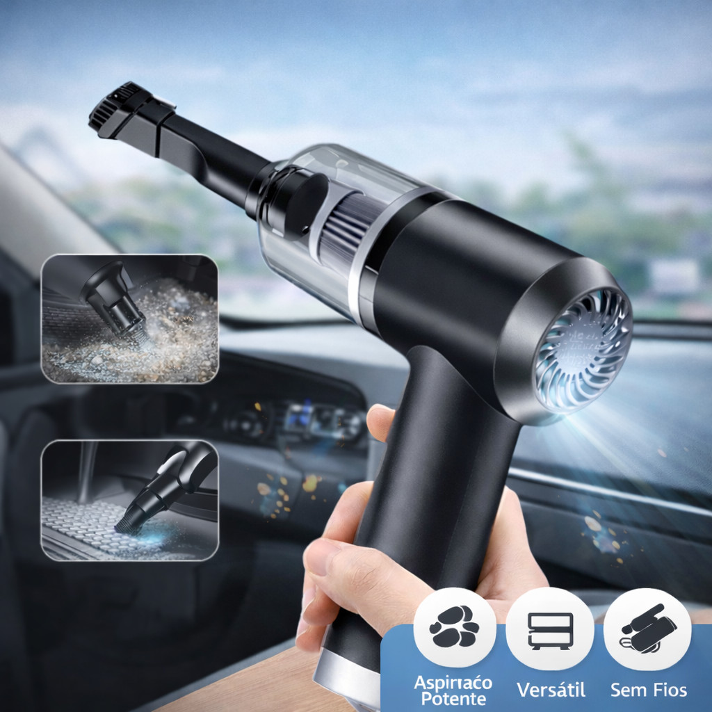 Aspirador de Pó Portátil Sem Fio 3 em 1 Carro e Casa. Soprador Potente Recarregável USB para Limpeza Automotiva e Lar.