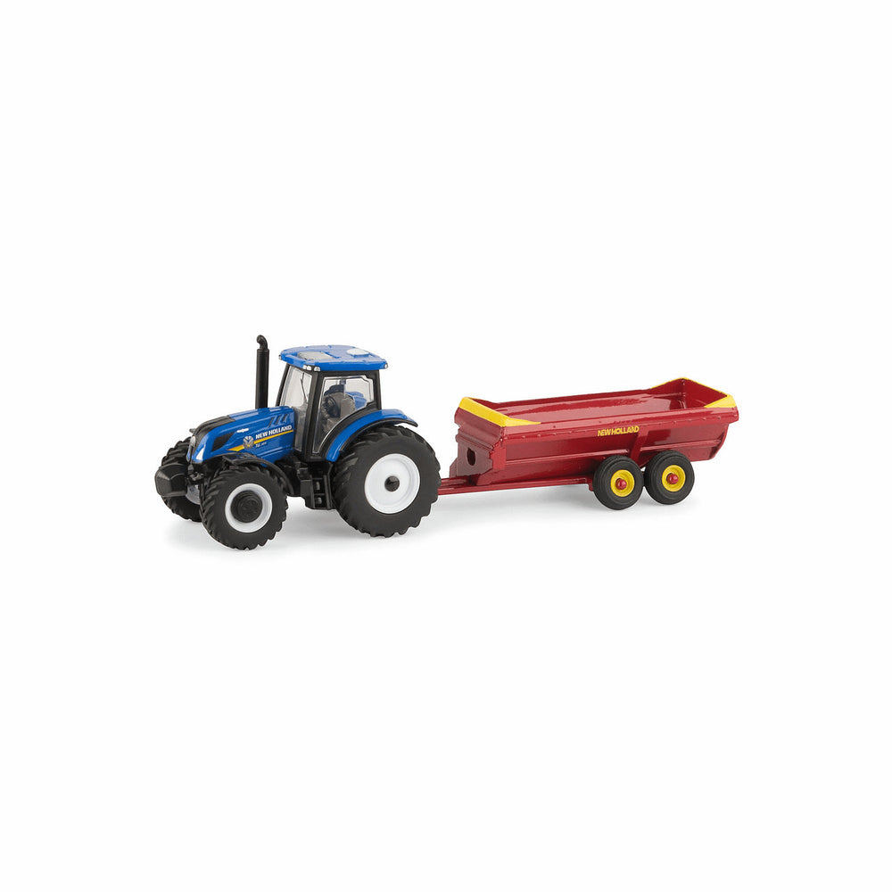 Miniatura Trator New Holland T6.165 com Espalhador V-Tank 1/64 ERTL - Réplica Agrícola Metal Detalhado Colecionador