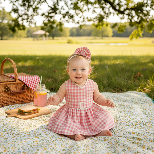 Vestido Bebê Menina Roupa de Festa Luxo Xadrez Rosa Tiara Forro Mini Diva Fofura da Mãe Arrumadinha