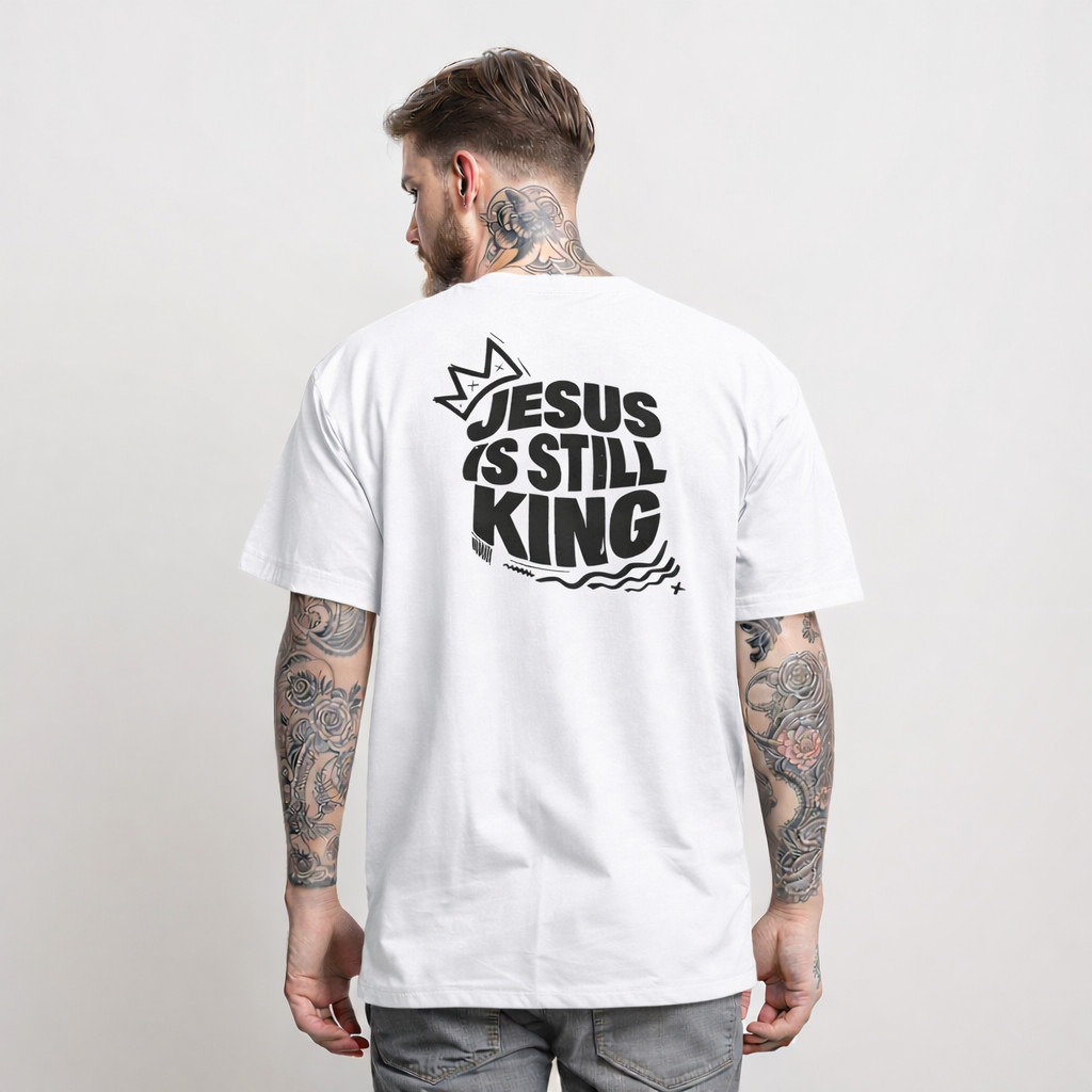 Camiseta T-Shirt 100% Algodão Estampada Jesus Is Still King Estampa Texto Religioso Estilo Casual
